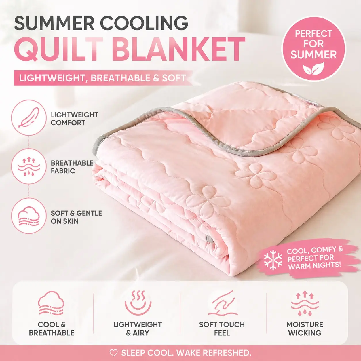 1 x Pink Cooling Silk, Floral Print Summer Quilt – Thickened, air-conditioning-style cooling effect, Machine washable, designed for summer use, available in multiple sizes, Breathable Summer Quilt, Stitched Quilt, Breathable Bedding