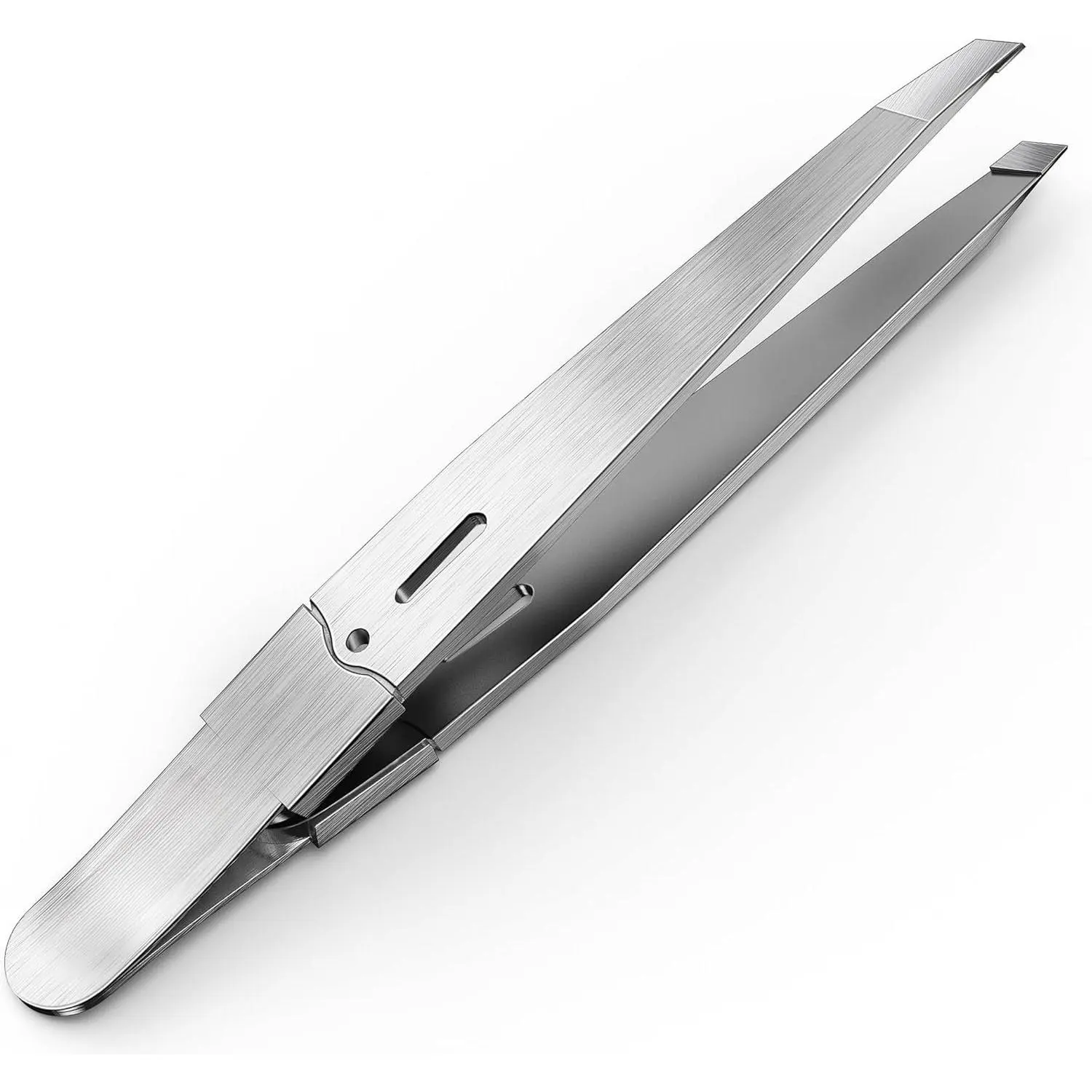 Stainless Steel Industrial Metal Tweezers - Portable Cosmetic Hand Tool for Women with Handle, Slant Tip, Compact, Lightweight, Gentle Grasp, Durable, Professional Precision for Facial Hair Grooming, Easy to Clean