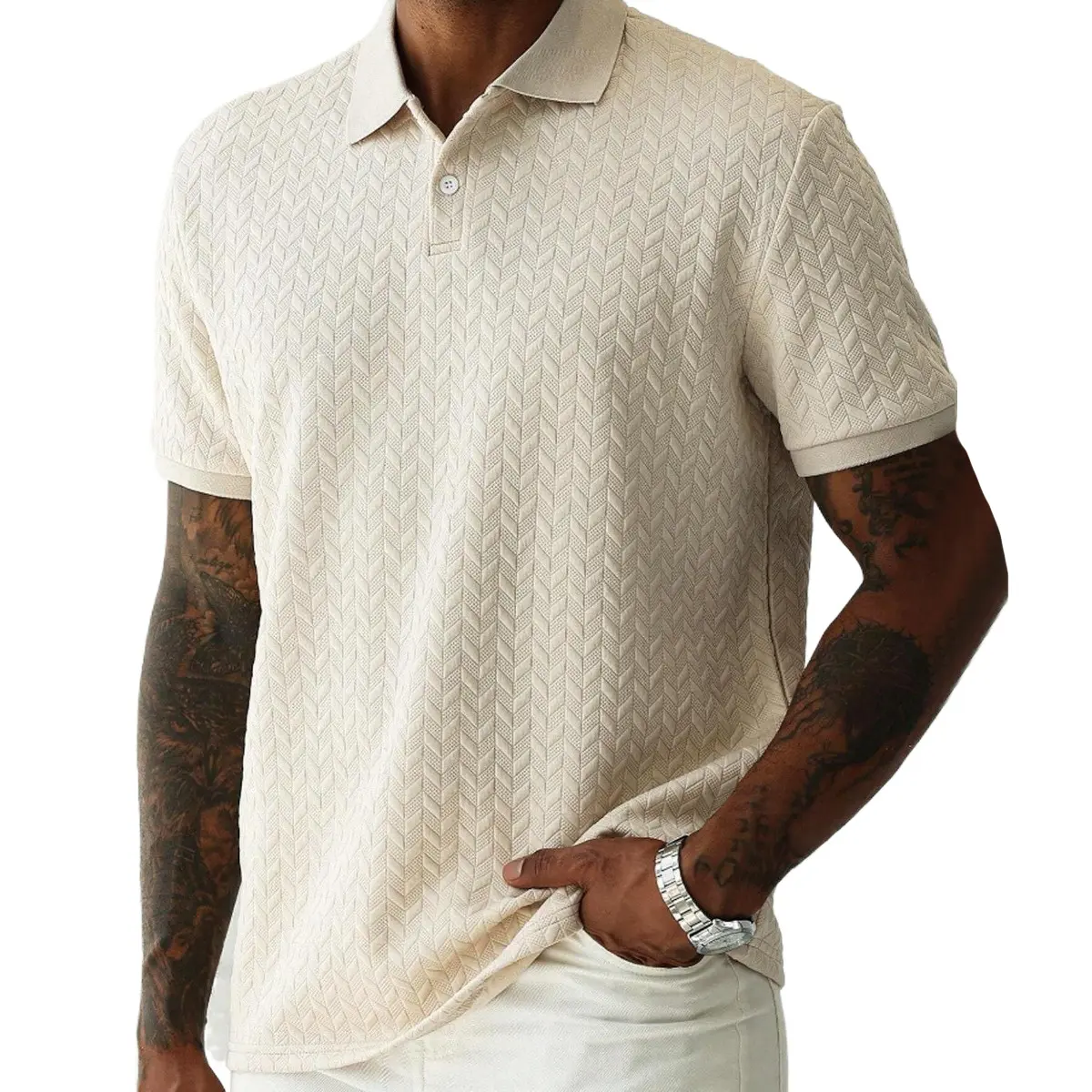 Men's Fitted Classic Jacquard Long-Sleeve Polo Shirt - Premium Textured Woven Fabric, Biker Menswear, Pairable with Shorts & Jeans, Beige Casual Spring & Autumn Daily Wear, Size M