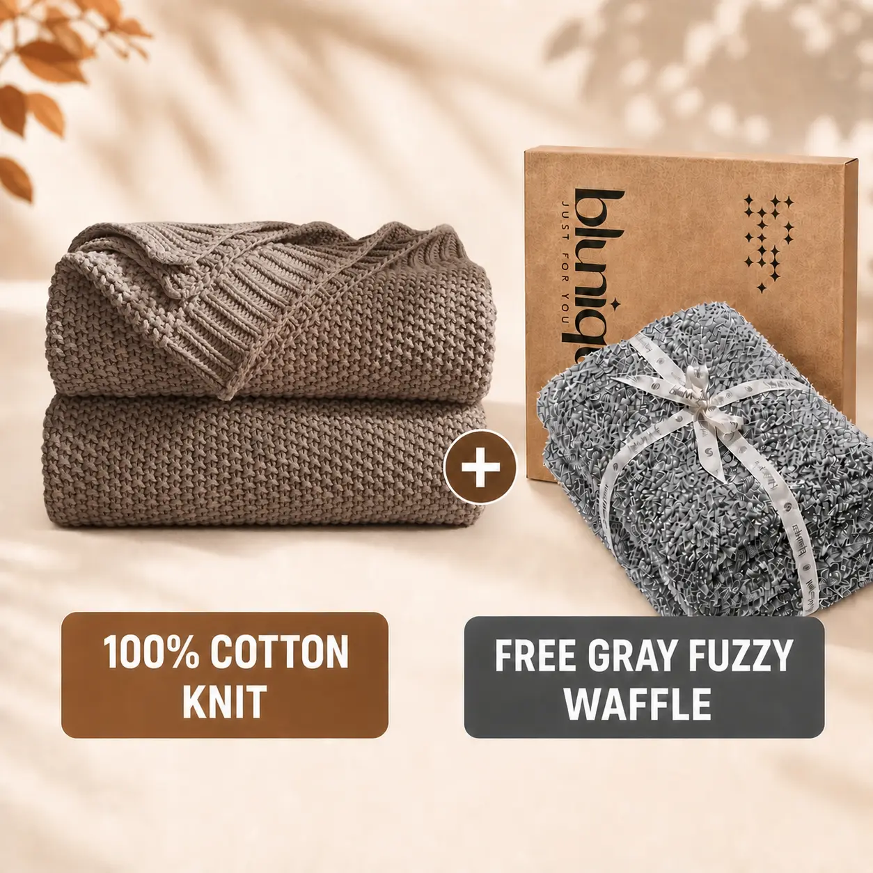 【BUY 1 GET 1 FREE】Blunique 100% Cotton Knit Throw Blanket, Lightweight Breathable Textured Blanket for Couch, Bed & Sofa, Includes Free 50 x 60 in Gray Fuzzy Waffle Throw, Room Decor, Buy 1 Get 1 Free Product