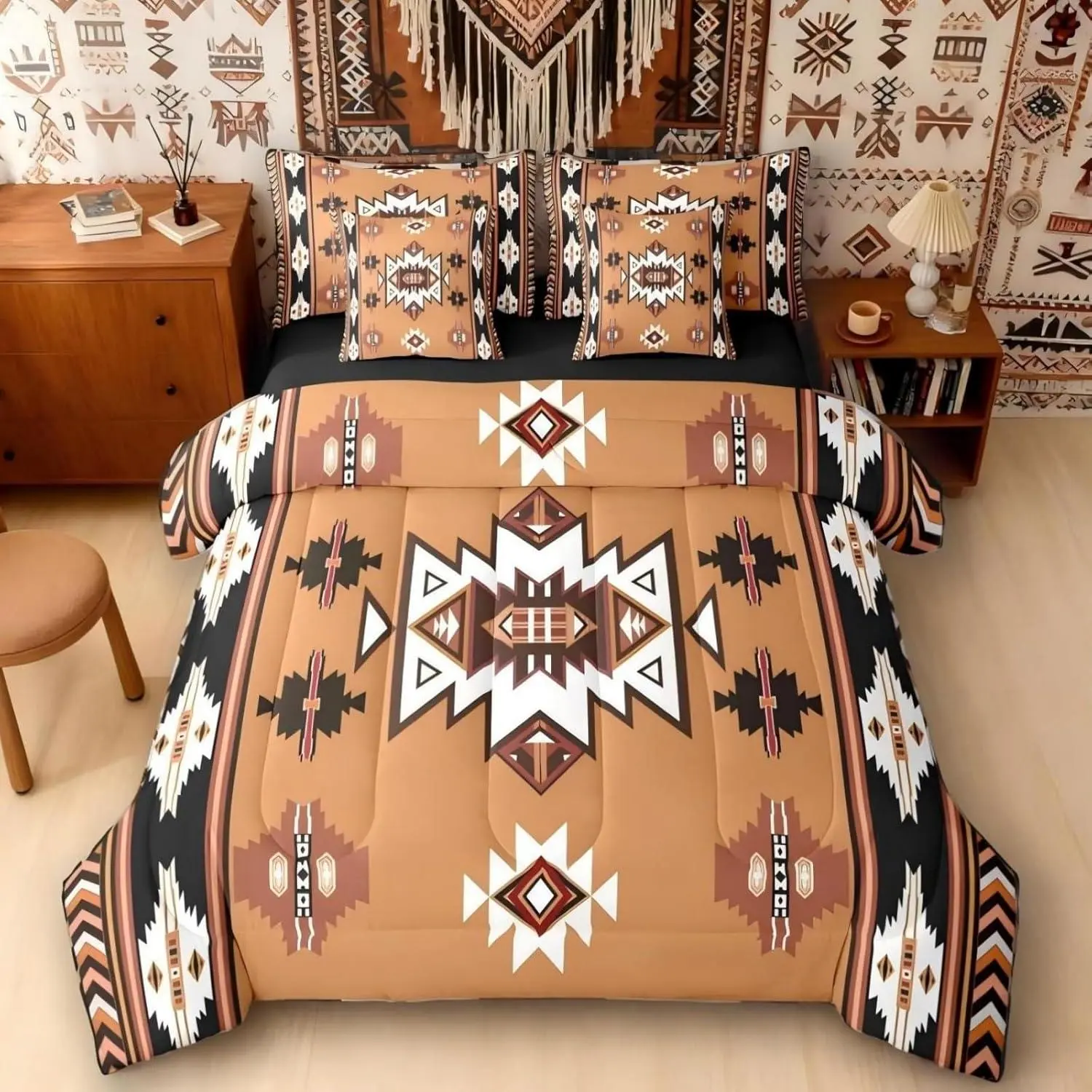 Western Comforter Set 7 Piece Bed in a Bag | Southwestern Decor Geometric Bedding Sets Farmhouse Aztec Comforter and Sheet Set,Stripes Triangle Diamond Bed Sets,Brown