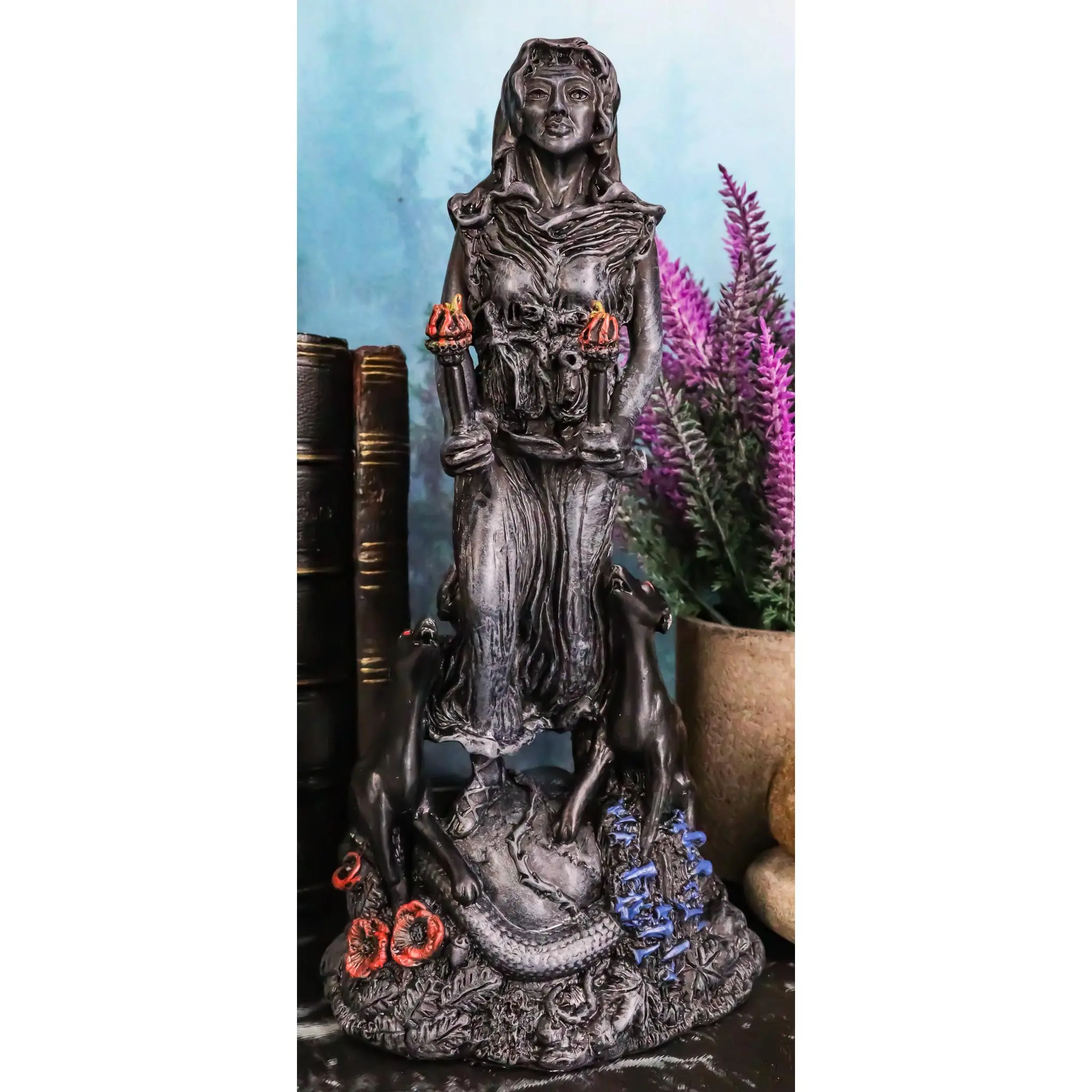 Oberon Zell Spiral Triple Goddess The Crone Hecate Greek Resin Statue - Home Decor Sculpture with She-Dog Hounds