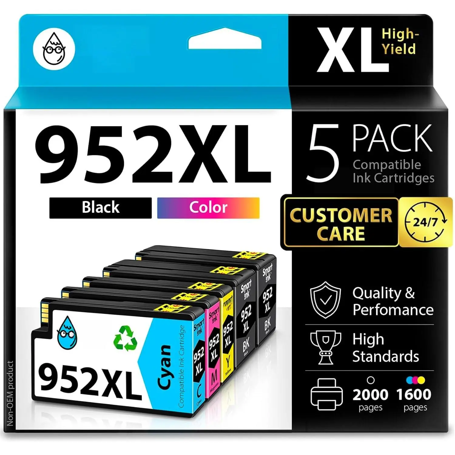 Compatible  Cartridges Replacement for HP952XL 952 XL 2 Black and Cyan/Magenta/Yellow (5 Combo Pack) to use with  OfficeJet Pro 8710 7740 8720 8715 8210 8703 OfficeJet 8702 Printers, 1600 Pages Per Color Cartridges, 2000 Pages Per Black, 5 Cartridges, Cus
