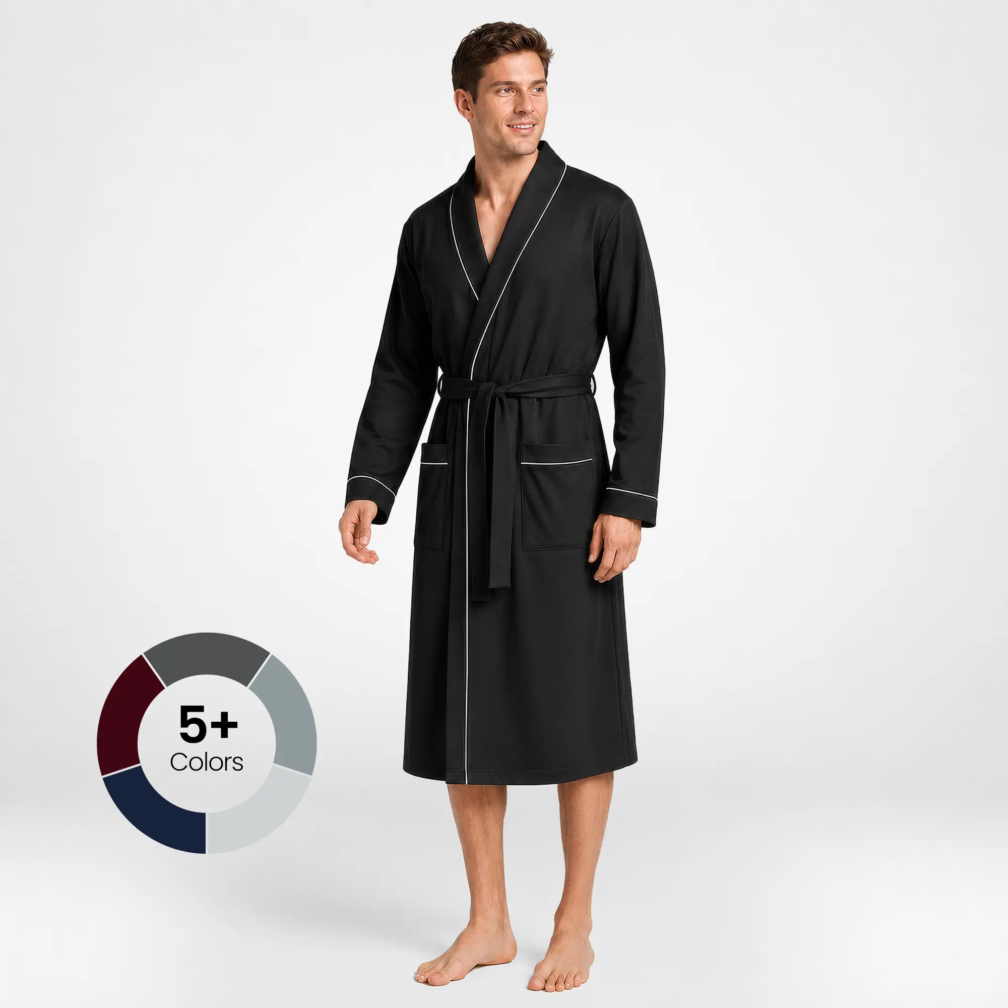 NY Threads Men's Cotton Plain Knit Robe - Lightweight, Soft, Breathable, Stylish Shawl Collar Kimono-Style Loungewear with Pockets, Relaxed Fit Sleepwear Bathrobe, Menswear, Daily Wear, Long Sleeve, Knitting, Coffee‑Ready Robe