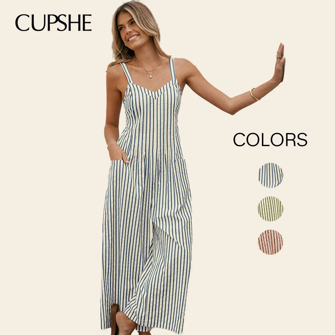 Cupshe Women's Striped V-Neck Wide Leg Jumpsuit, Sleeveless Woven Polyester-Rayon Full Length Overalls for Casual Beach & Vacation Wear, Sleeveless Strap Overalls, Stripes, Wide Legs, One-Piece Coveralls Jumpsuits & Rompers tiktokshopbacktoschool