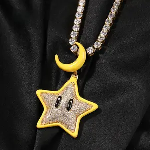 Cartoon Glow-in-the-Dark Dopamine Star Hip-Hop Necklace - Diamond-Encrusted Copper Tennis Chain Pendant, Versatile Daily Wear Fashion Costume Jewelry, Ideal Gift for Adults