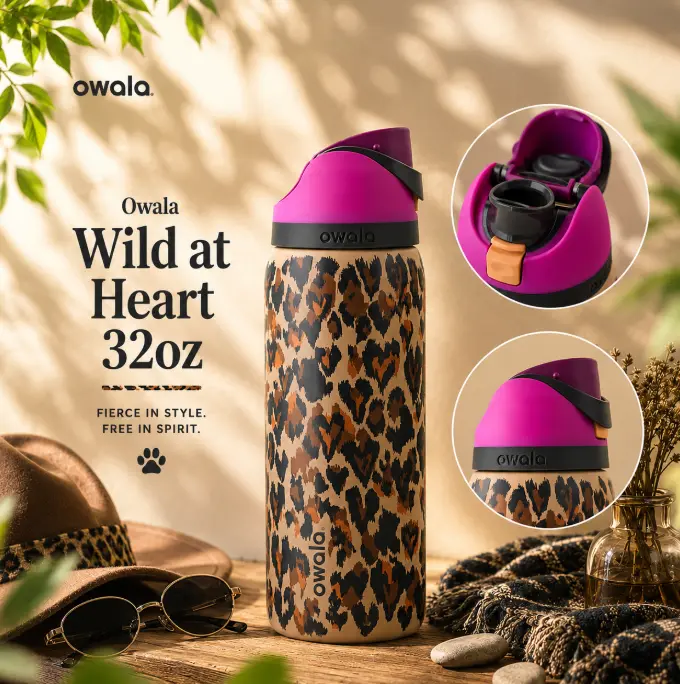 Owala FreeSip 32oz Wild At Heart Water Bottle Leak Proof Insulated Built In Straw Stylish Hydration Gift for Her Insulated Water Bottles