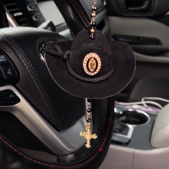 Virgin Marry Car Blessing Charm. Handmade Protection Gift Decoration, Black Sombrero