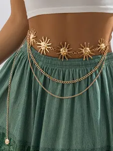 Elegant Texture Metal Sun Design Adjustable Waist Chain, Fashionable Layered Statement Waist Belt for Party, Daily Decor, Maximalist Jewelry, Elegant Trendy Chain Belts