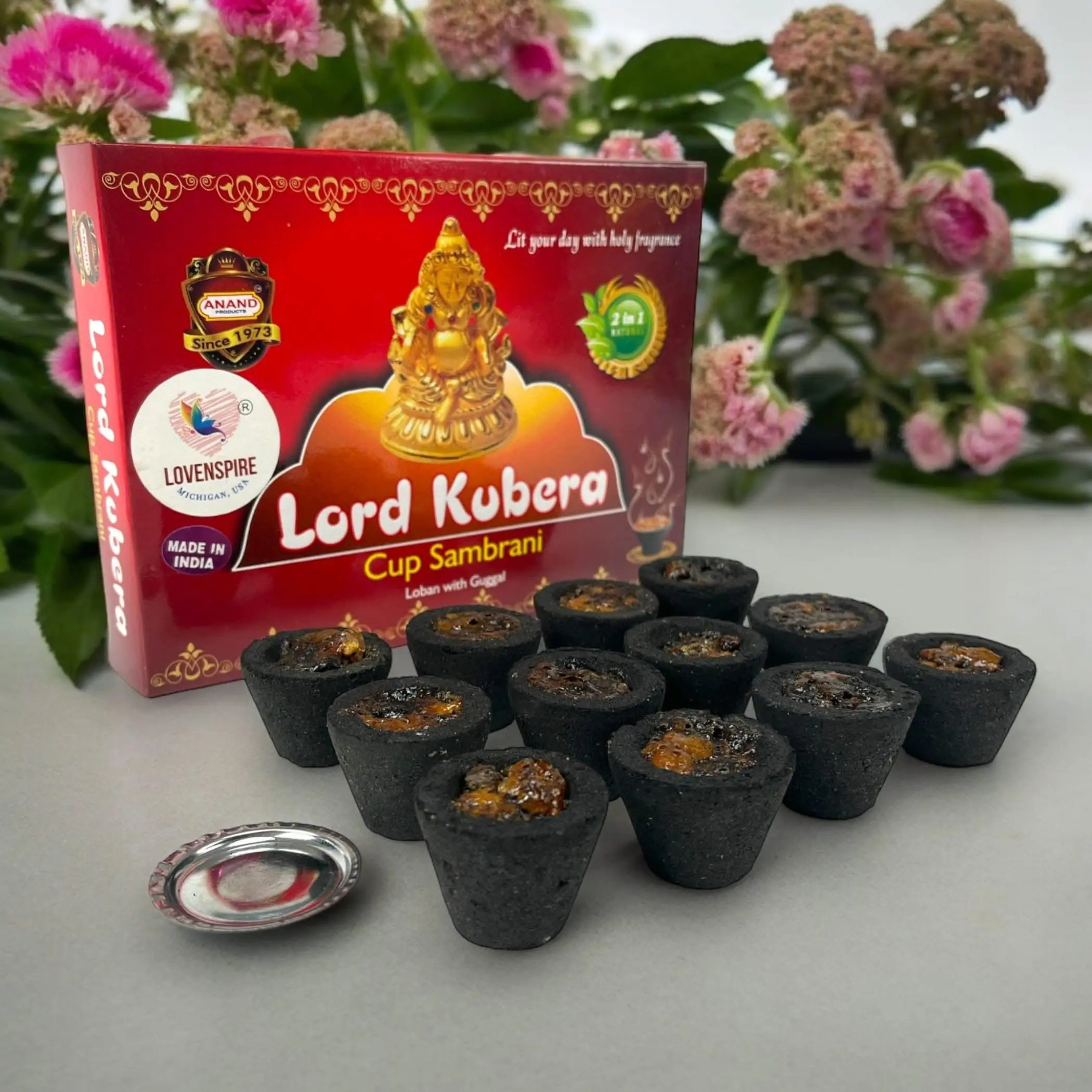 Sacred Sambrani Dhoop Cups Fragrance Set - Eco-Friendly Aroma Blend Scented Incense, Pure Sustainable Natural Ingredients, Bdellium Aroma, Guggal+Loban Blend, Safe Burner Plate for Prayer, Meditation, Stress Relief Aromatherapy