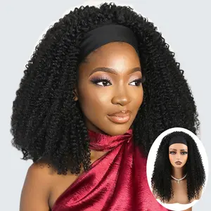 Auvzy Hair Curly Headband Wig 14 Inch Glueless None Lace Front Curly Wig Black Headband Wigs for Women 180% Density Machine Made Headband Wigs Beginner Friendly