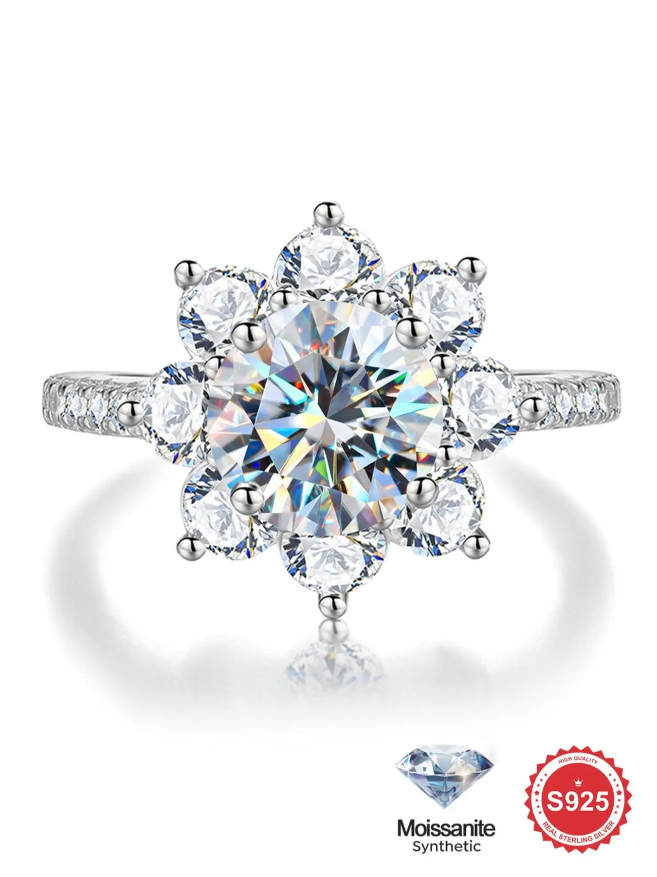 S925 Sterling Silver Sunflower Design Synthetic Moissanite Ring, Elegant Engagement Ring for Women, Fashion Jewelry Accessories for Party, Daily Decor, Engagement Wedding Rings