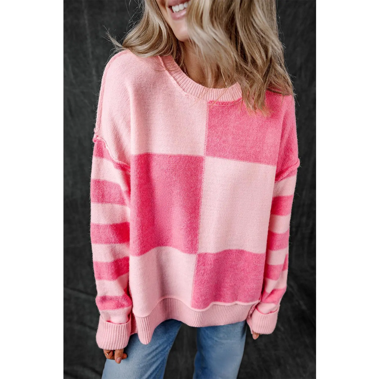 Pink Checkered Colorblock Striped High Low Loose Sweater