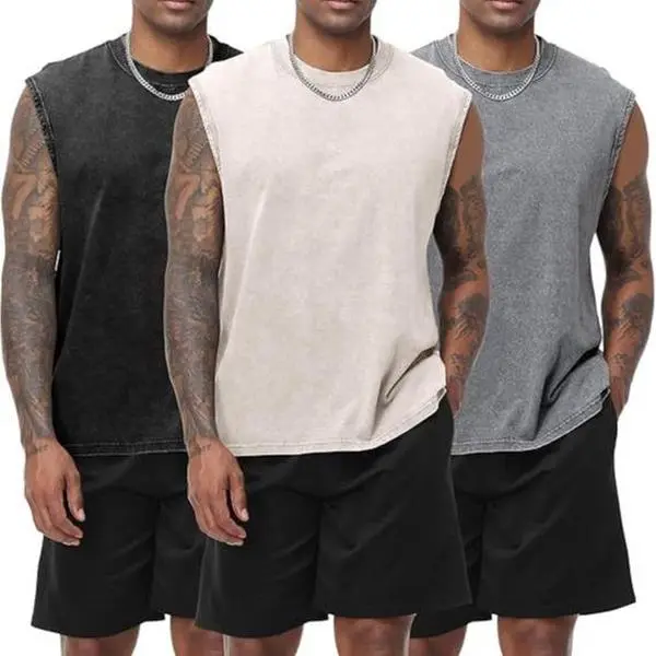 3 Pack Tank Top Men's Cotton Sleeveless Muscle Tank Tops Vintage Acid Wash Cutoff Loose Workout Tee Shirts Running Men Women Cotton Workout Tank Tops Sleeveless Acid Wash Tshirts Cut Off Muscle Shirts Sweat Classic Jacket Natural Natural Round Neck