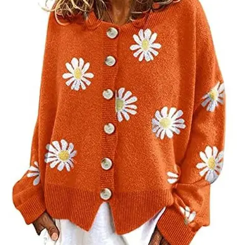 utcoco Women's Cute Chic Floral Print Ribbed Knitted Fabric Oversized Cropped Cable Knit Cardigan Outerwear - Crew Neck, Button-Down, Stretchy Lightweight Top for Halloween, Thanksgiving (Hang Dry Recommended),sohochic