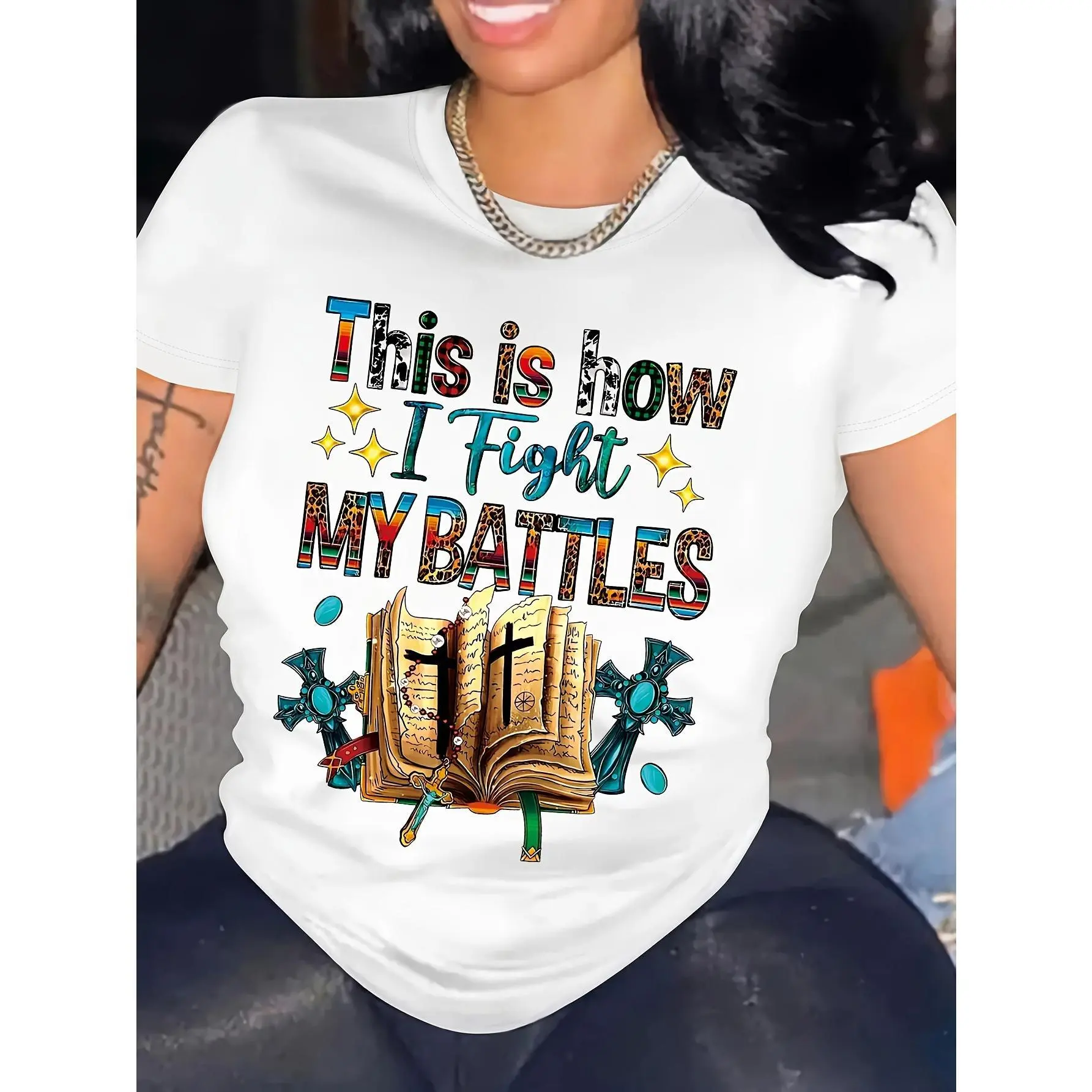 Religious Element Scripture Letter Printed Round Neck T-shirt, Casual Cut Short Sleeved T-shirt, Spring/summer Style, Women's Clothing