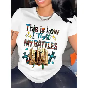 Religious Element Scripture Letter Printed Round Neck T-shirt, Casual Cut Short Sleeved T-shirt, Spring/summer Style, Women's Clothing