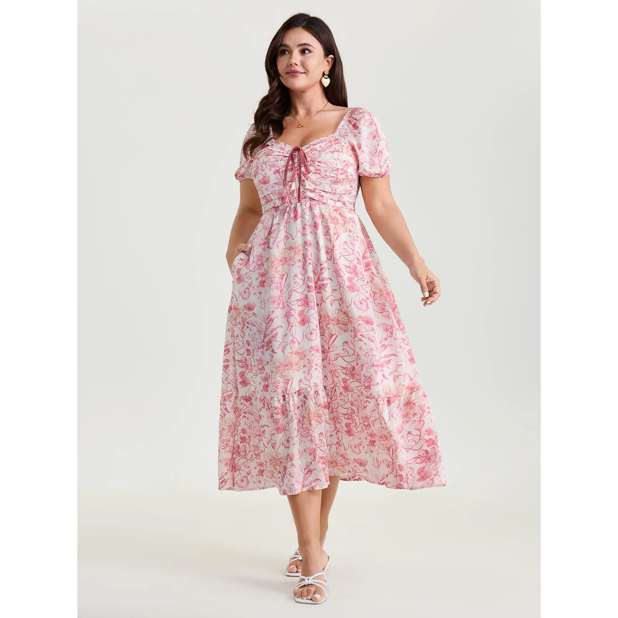 BloomChic Plus Size Casual Ditsy Floral Midi Dress with Ruched Bodice, Square Neck, Shortsleeve and Pocket, Smooth Low Iron Polyester, Fabric, Plus Size Clothes