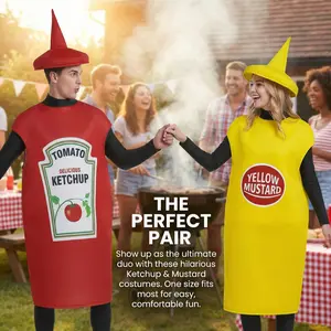 Ketchup Mustard Couple Adult Costume, Unisex Lightweight Food-Themed Outfit, Funny Halloween Fancy Dress for Stage Performance, Carnival, Bar Mascot, Perfect Couples & Food Party Events Adjustable Waist Accurate Mylar flying cake topper gender reveal