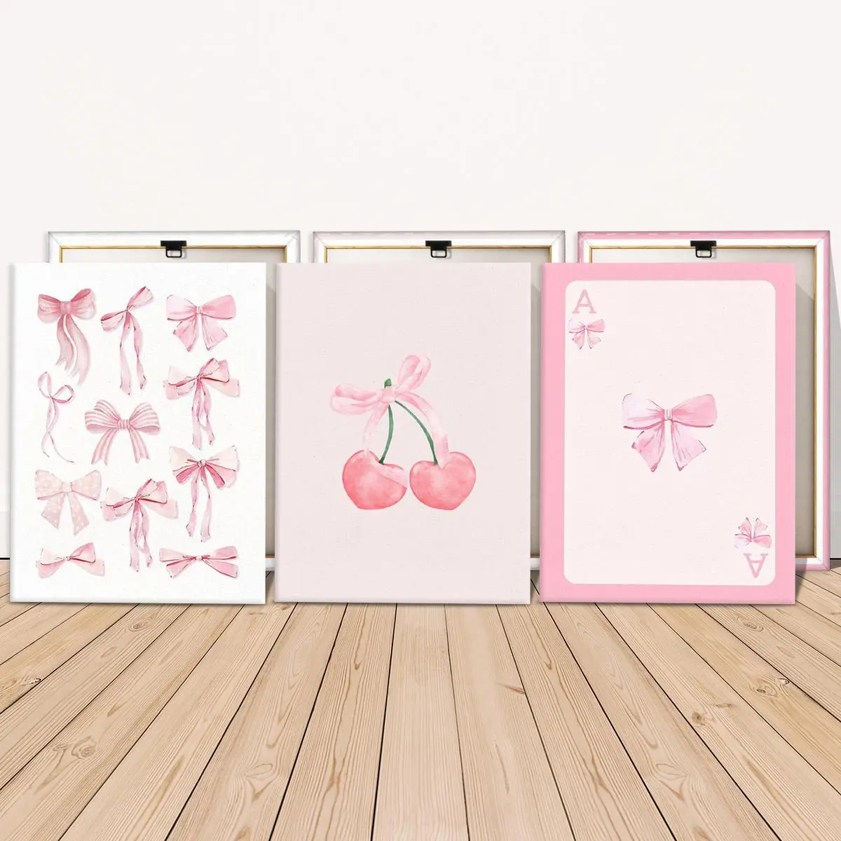 Wooden Framed Canvas Painting, 3 Counts/set Cute Bow Pattern Artistic Wall Art for Girl, Wall Decor for Home Living Room Bedroom Office