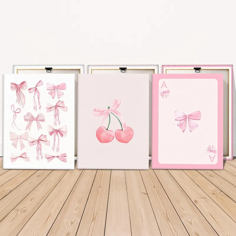 Wooden Framed Canvas Painting, 3 Counts/set Cute Bow Pattern Wall Art Decoration for Girl for Home Living Room Bedroom Office