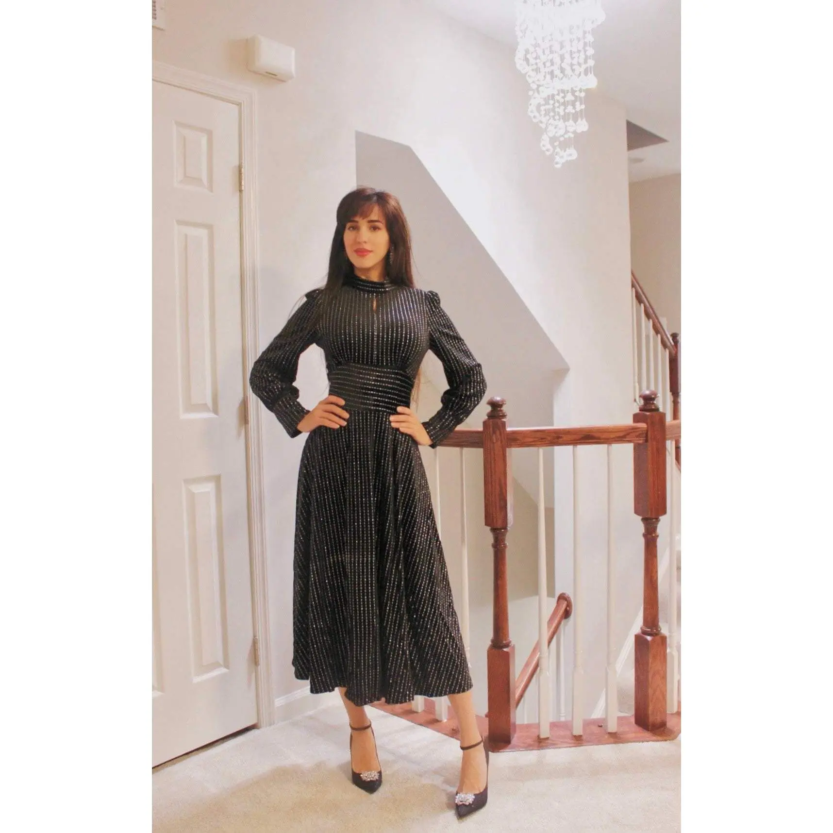 Étoilée Sparkly High Neck Midi Dress in Black with Long Sleeves