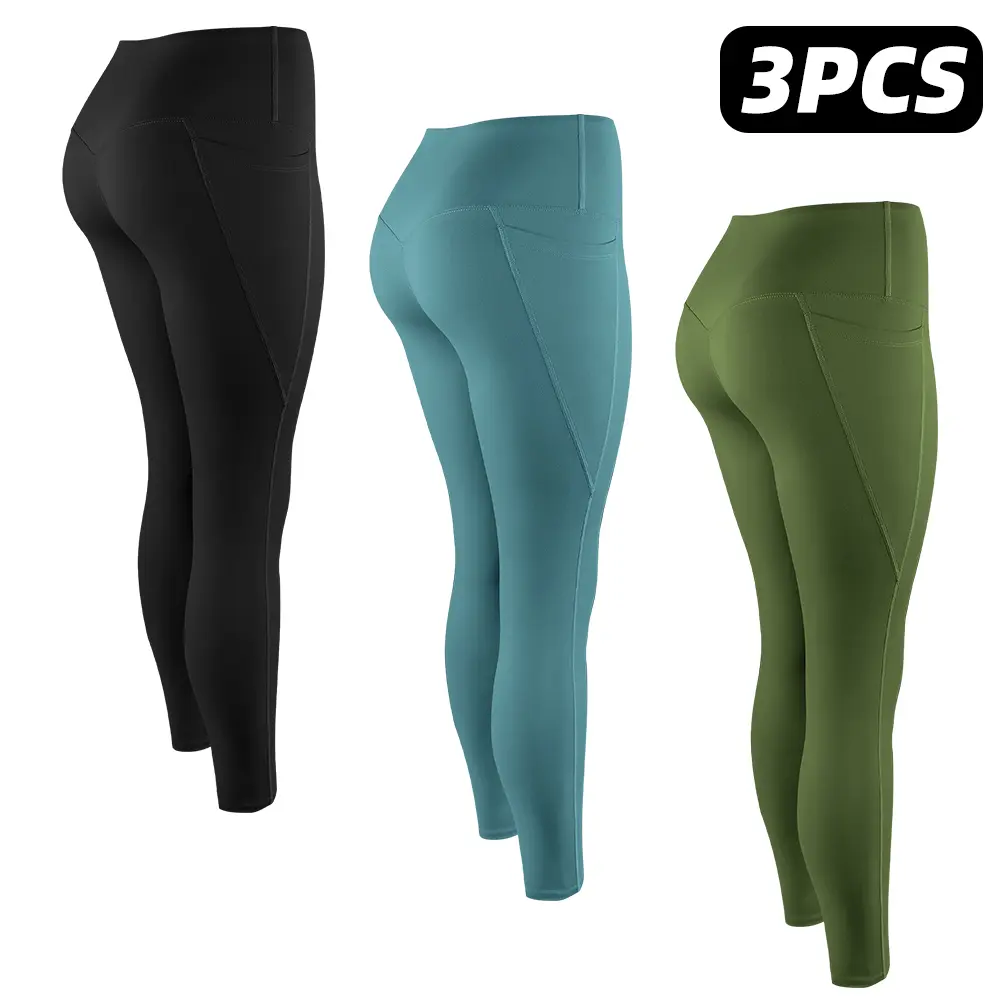 【no fleece】3PCS - Leggings - Black/Bean/Army Green