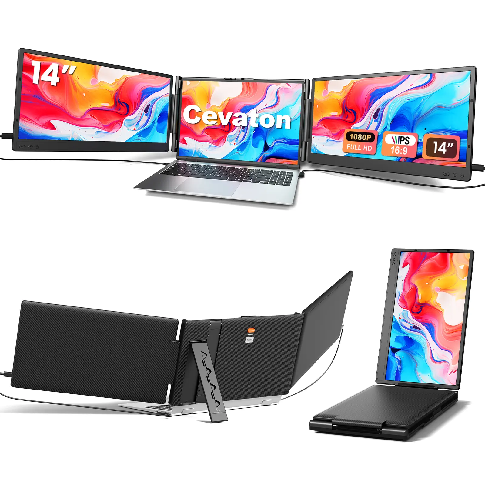 Cevaton 14" Portable Monitor for Laptop, Dual Laptop Screen Extender for 13.3"-17.3" Laptops, Dual Monitor Extender, 1080P FHD IPS, Foldable Width-Adjustable Design, Monitor Only, Dual Video Output Required, 4.1 lbs