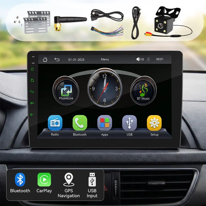 【Toolupgrade】10.8-Inch Rotatable Touchscreen Car Video Player - Wireless CarPlay, Android Auto, Android 15 (4GB+64GB), Bluetooth 5.0, FM/RDS, 6 RCA Outputs, Knob Control, Touch Control, Wireless Design for In-Car Entertainment Upgrade, Touch Control Car V