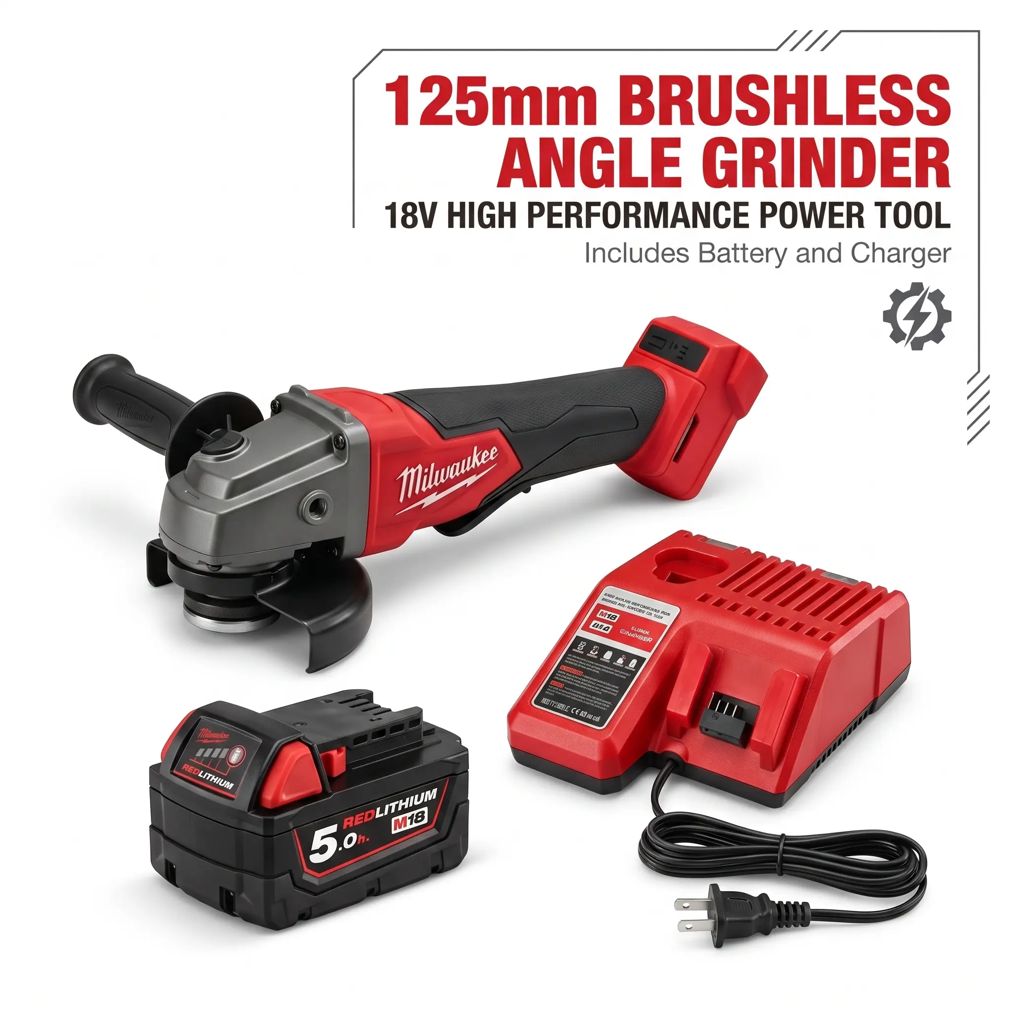 Milwaukee M18 18V Brushless Cordless Angle Grinder - 125mm, M14 Spindle, Adjustable 3500-8500 RPM, Paddle Switch, 33mm Cutting Depth, Compact Design for Welders, Automotive Maintenance, DIY Users (Batteries Sold Separately, Cordless Convenience)