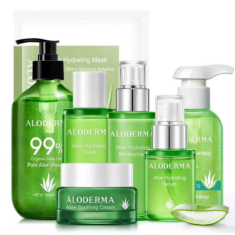 ALODERMA Luxury Aloe Soothing 7-Piece Skincare Kit for Sensitive Skin, with Organic Aloe Vera, Chamomile & Purslane, High Quality, Gift, Gentle, Shea, Hydrating, Set, Moisturizers & Mists, Multi-Pack, 7 Piece Set
