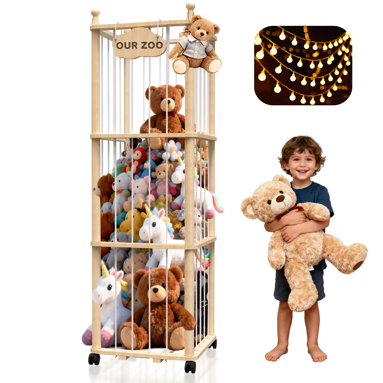 Stuffed Animal Storage, Wooden Stuffed Animal Holder with Brake Wheels, Plush Toy Storage with Elastic Bands, Extra Large Toy Organizer and Display Cage for Nursery, Bedroom, Playroom#tiktokshopbacktoschool