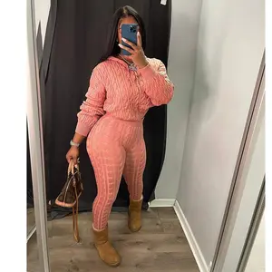 2pcs Women Solid Color Long Sleeve Zip Front Hooded Cardigan And Knitted Pants Set, Autumn/Winter Tops Fit