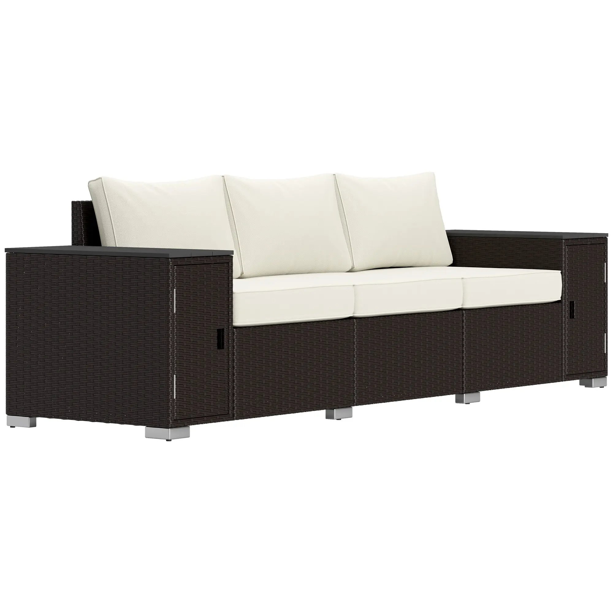 Outsunny 3 Seater Wicker Sofa with 2 Storage Side Tables and Thickened Cushions, Rattan Outdoor Patio Sofa with Wide Armrests, Wicker Outdoor Couch for Porch, Garden, Backyard, Cream White/Brown
