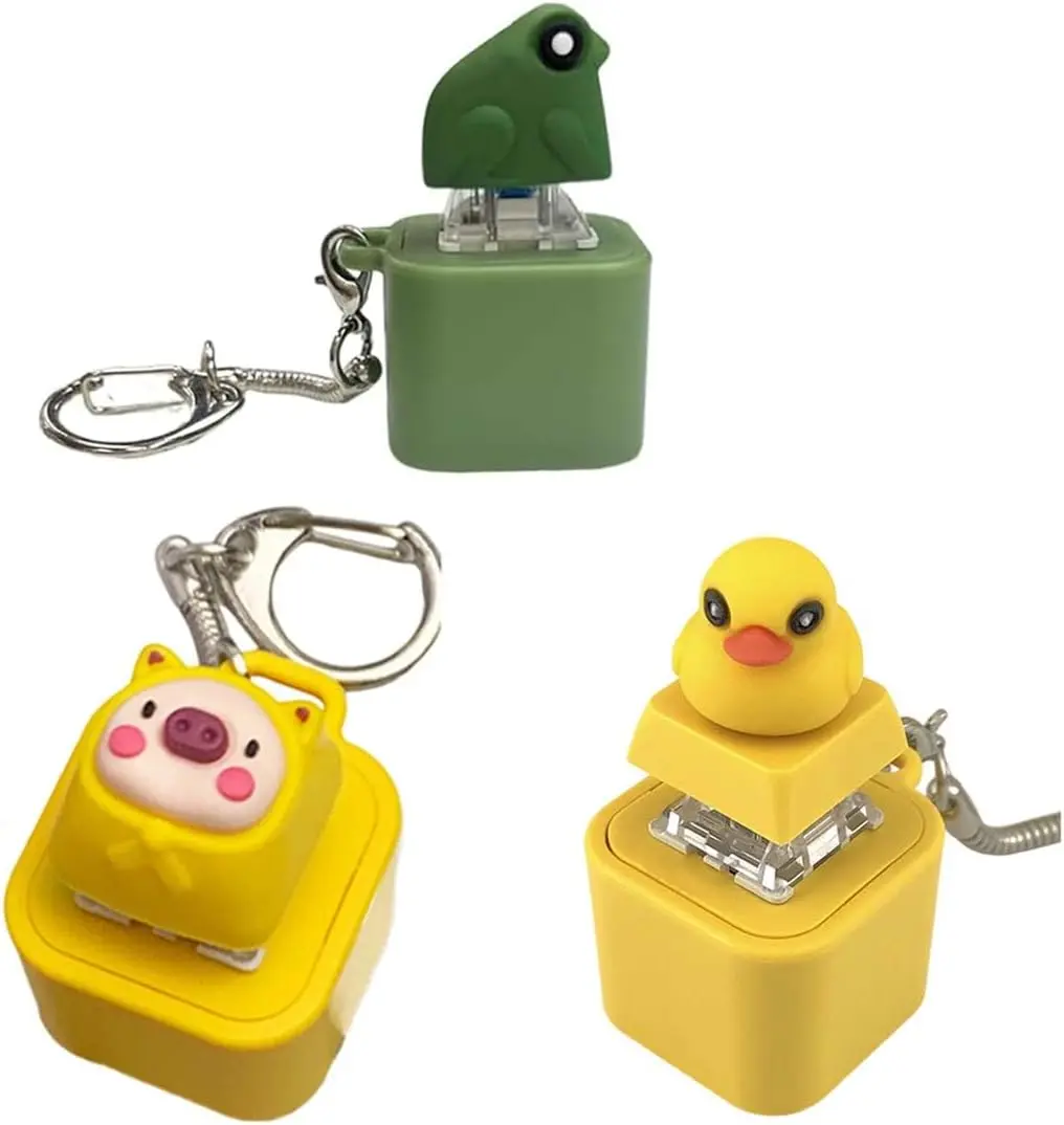 3 Pcs Plastic Light-Up Portable Animal Fidget Keychains - Rechargeable, Clicky Keyboard Stress Relievers (Croaking Frog, Yellow Duck, Pig) for Adults with Abs Support, Colorful Lights