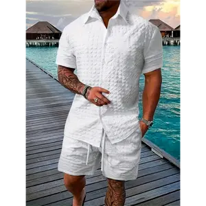 Men'S Single-Breasted Short Sleeve T-Shirt and Shorts Set, Beach, Solid Color Clothes Menswear