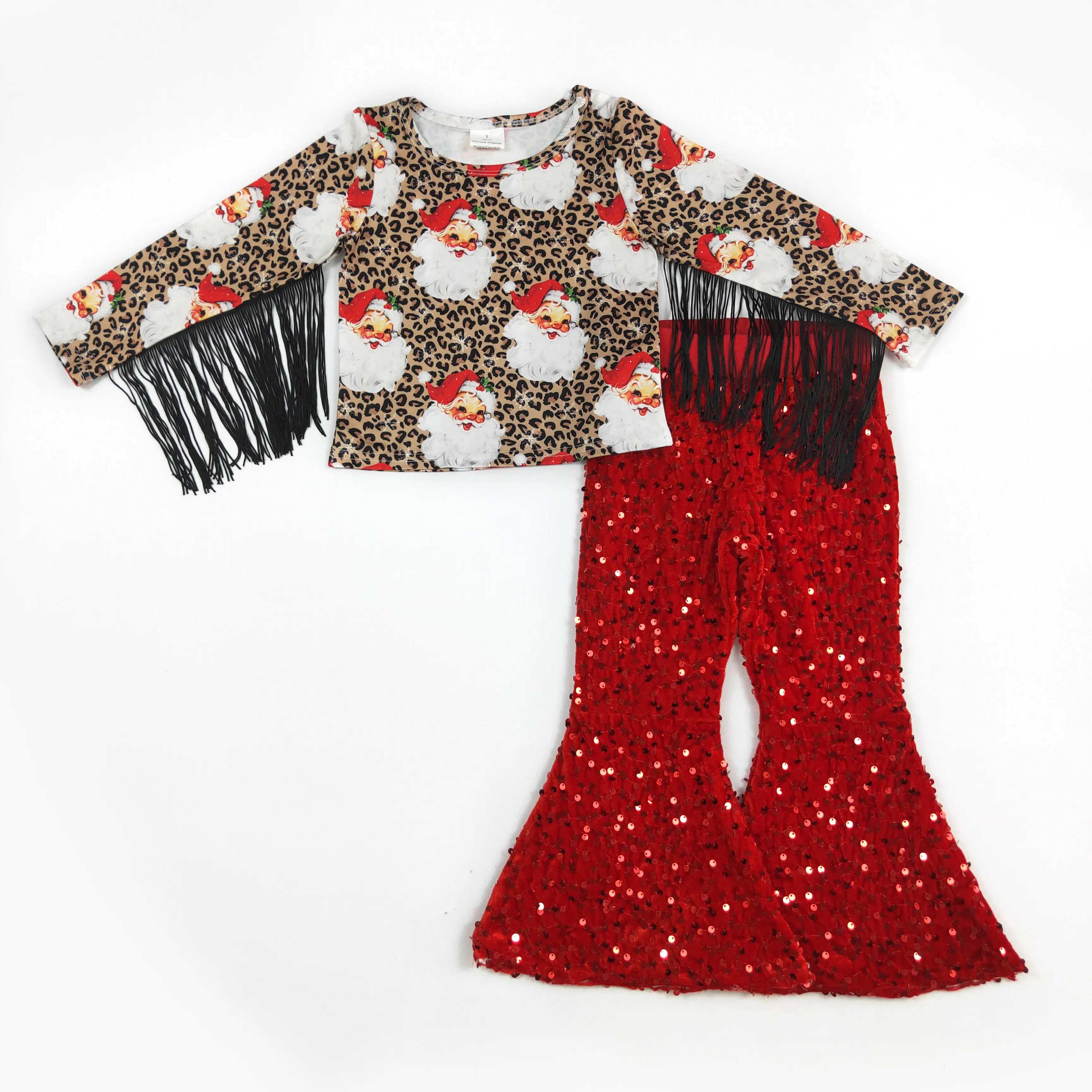 Girls' Christmas Leopard Print Set - 2-Piece Holiday Outfit with Santa Top and Red Sequin Bell Bottom Pants