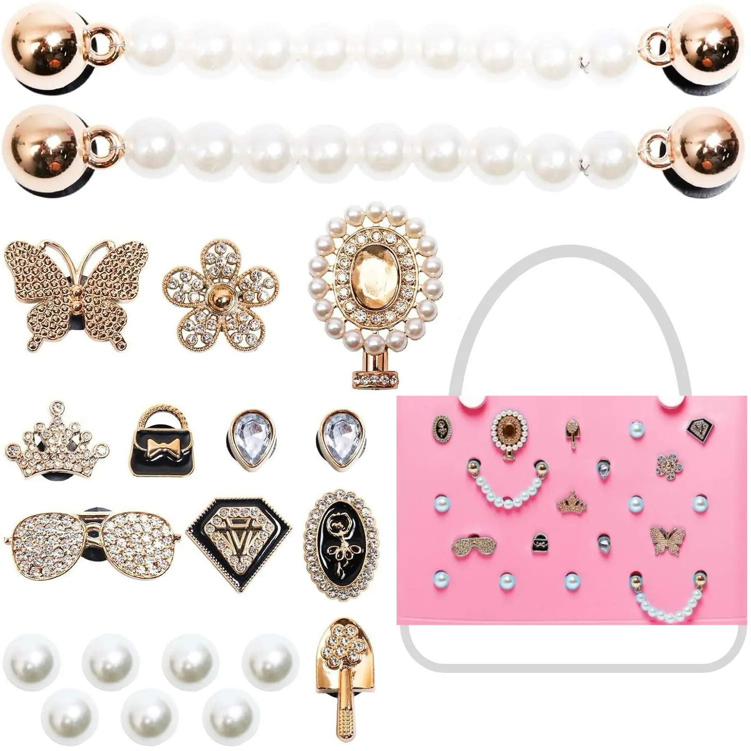 21pcs Charms for Bogg Bag Charms, Flowers Butterfly Pearls Chains Rhinestone Accessories Charms for Insert Bogg Bags Compatible With Beach Tote Bags