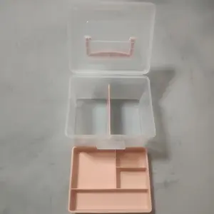 Small Portable Plastic Storage Box for Beauty Ornaments Hair Nail Accessories, Cosmetic Case with Handle & Removable Tray & a Divider, Sewing Box Organizer, Kids Art Box (Clear & Pink)