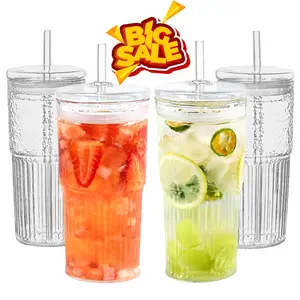 20oz Glass Cups with Lids and Straws, 4 Pack High Borosilicate Iced Coffee Cups Drinking Glasses Tumbler for Smoothie, Water, Tea, Juice Drinks, Clear