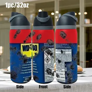 1pc 32oz Dual-Drink Sports Water Bottle | WD-40 Classic Tool Brand Printed Insulated Cup, Stainless Steel Leak-Proof, Ideal for Fitness, Camping, Keeps Drinks Hot/Cold, Perfect Gift