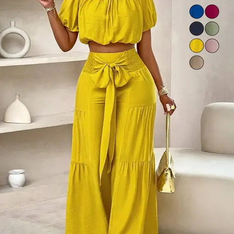 【Black Friday】Women's Summer Off-the-Shoulder Crop Top and Tie-Waist Wide-Leg Pants 2-Piece Set, Casual Vacation Outfit