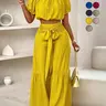 【Black Friday】Women's Summer Off-the-Shoulder Crop Top and Tie-Waist Wide-Leg Pants 2-Piece Set, Casual Vacation Outfit