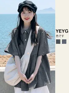 Women's Summer Casual Plaid Polo Shirt, Fitted Woven Fabric, Single Button Design, Vintage Japanese Style, College Aesthetic, Blouse, Button Up Top