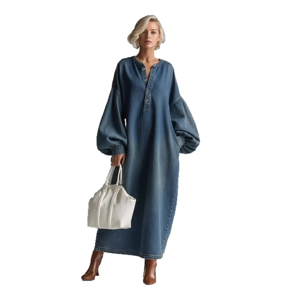 Casual Oversized Denim Dress - Perfect for Street Style, Brunch & Weekend! Lantern Sleeve Loose Fit Maxi Dress # DenimDress # MaxiDress # Oversized # LanternSleeve # WithPockets # CasualWear # Outfit of the Day # WomensFashion # RetroStyle