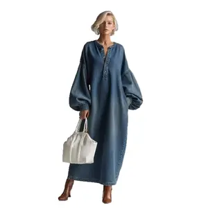 Casual Oversized Denim Dress - Perfect for Street Style, Brunch & Weekend! Lantern Sleeve Loose Fit Maxi Dress # DenimDress # MaxiDress # Oversized # LanternSleeve # WithPockets # CasualWear # Outfit of the Day # WomensFashion # RetroStyle
