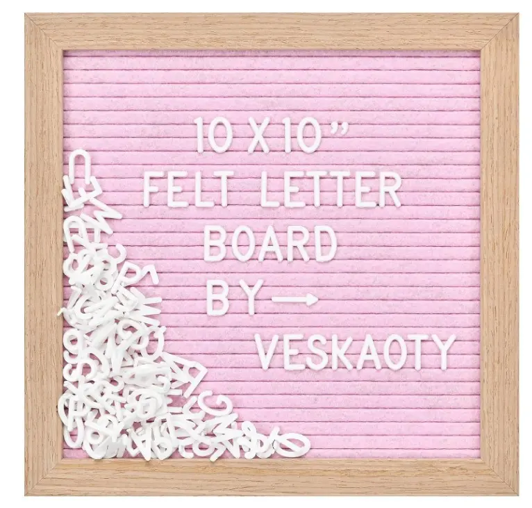 Felt Letter Board with 294 Letters, Numbers & Symbols - 10 x 10 inch Changeable Message Board with Wooden Frame Wall Mount Hook, Pink & Wood
