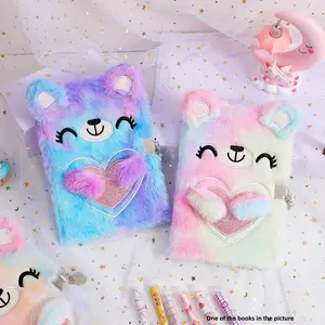 Plush Notebook with Lock, A5 Size, Lined Pages, Soft Fluffy Design, Animal Cover, Ideal for Office and School Writing Diary, Creative Gift, Girly Office Supplies