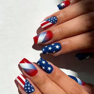 Independence Day American Flag Nail Art, Nail Decoration, Blue Gradient Design, Fashion Medium Long Square Fake Nails, Decorative Nails, Easy Wear, 24 Pcs Set, Nail Decoration Supplies