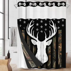 1pc hookless shower curtain with buckle lining, black and white deer head camouflage design, 2D flat printing, fabric waterproof lining, shower curtain liner, see-through double-layer shower curtain, 71 x 74 inches, modern home curtain